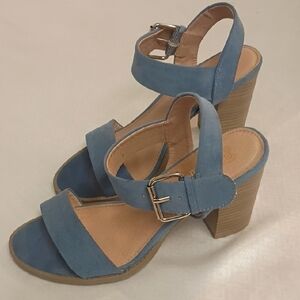 Brash Powder Blue Suede Block Heel Sandals